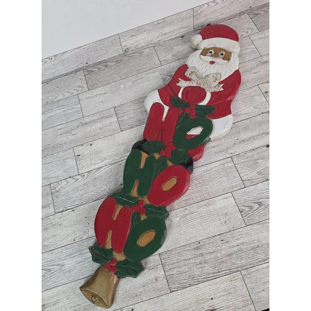 VTG Long Wooden Santa Sign Plaque Decor 21.5" Tall Folk Art Handpainted Ho Ho Ho